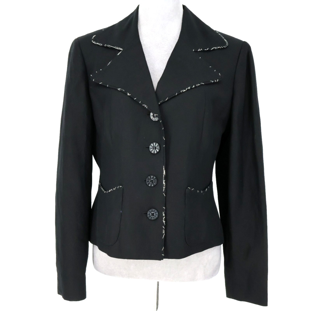 Jones NY Jacket Womens 10 Black White Trim Linen Blend Lined Blazer Career